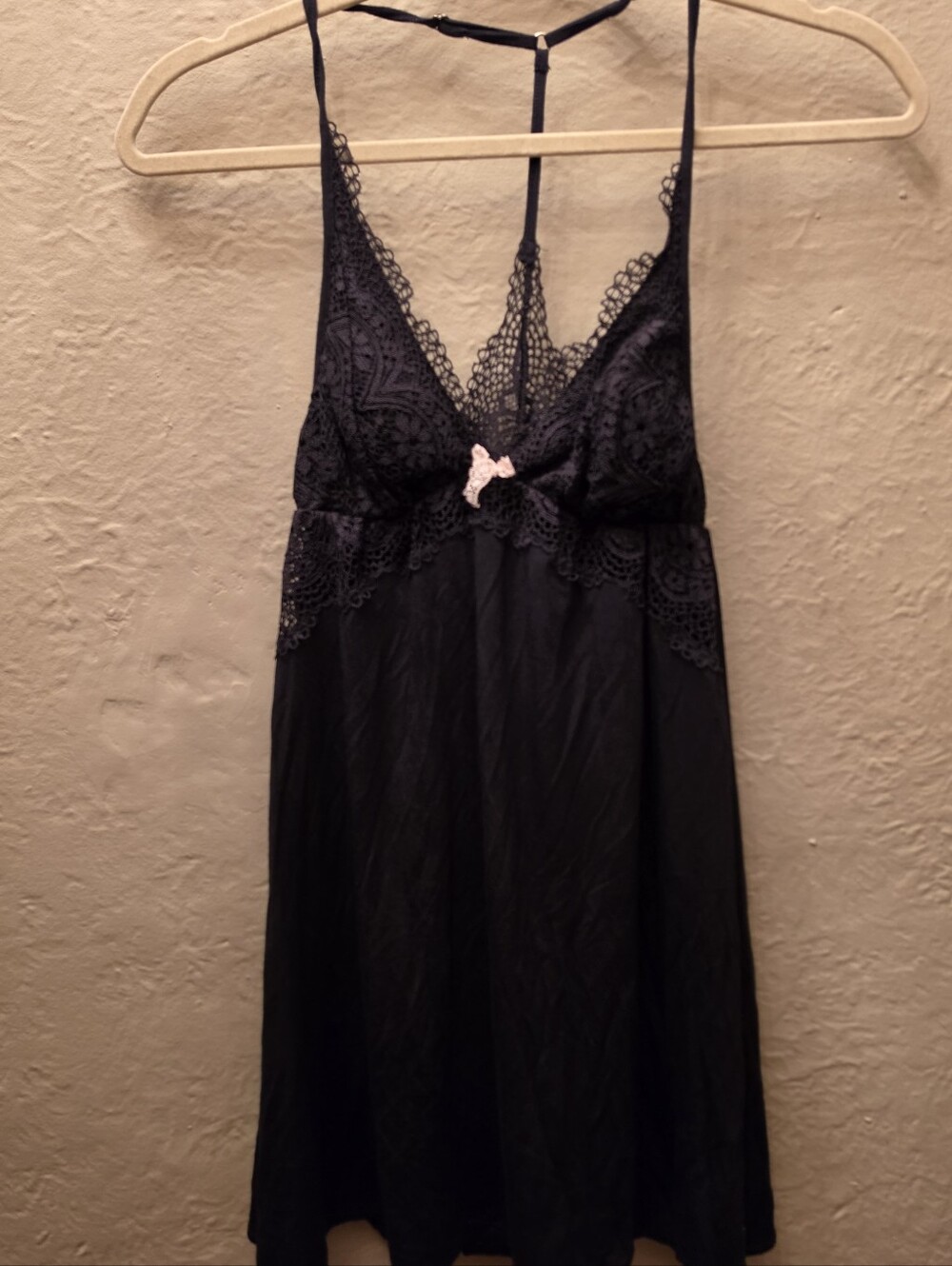 Victoria's Secret Black Lace Chemise with Pink Bow